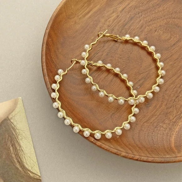 Jewelry - Gold Tone Big Pearl Hoop Earrings